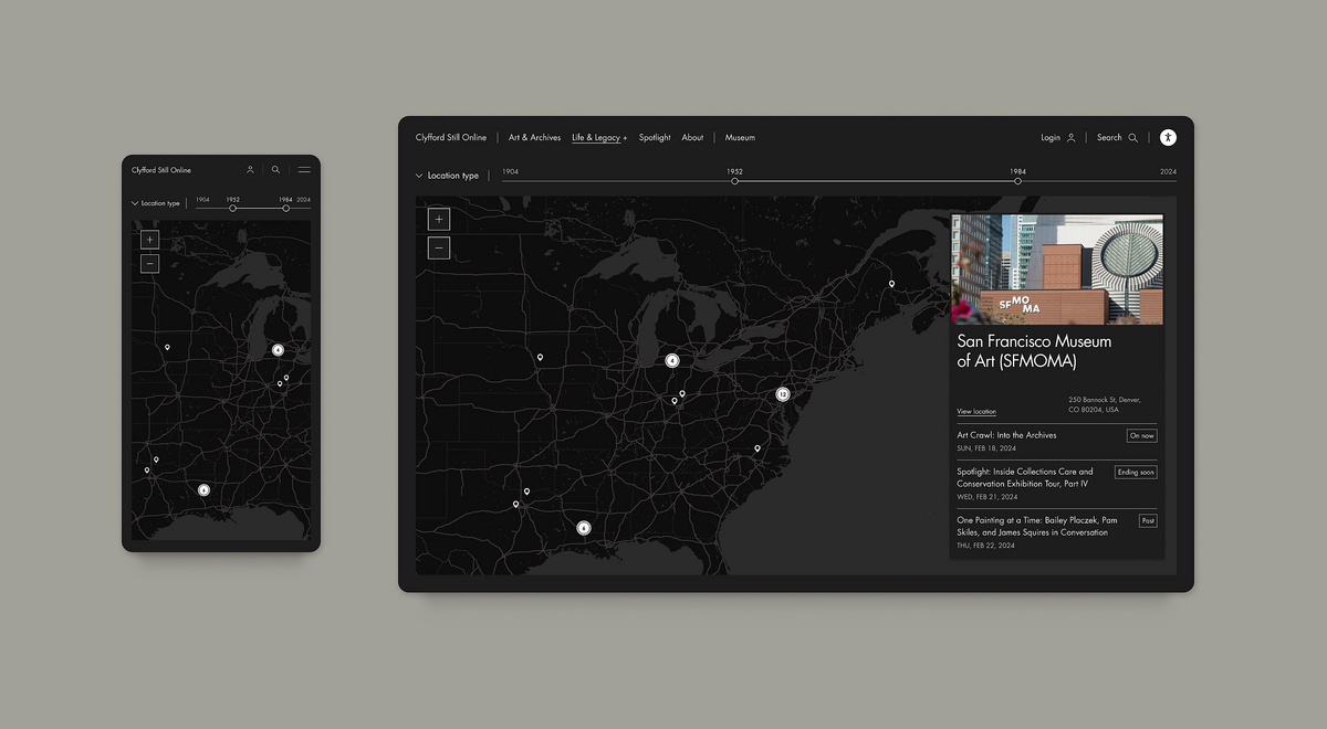 Image of the Interactive Map feature on Clyfford Still Online.